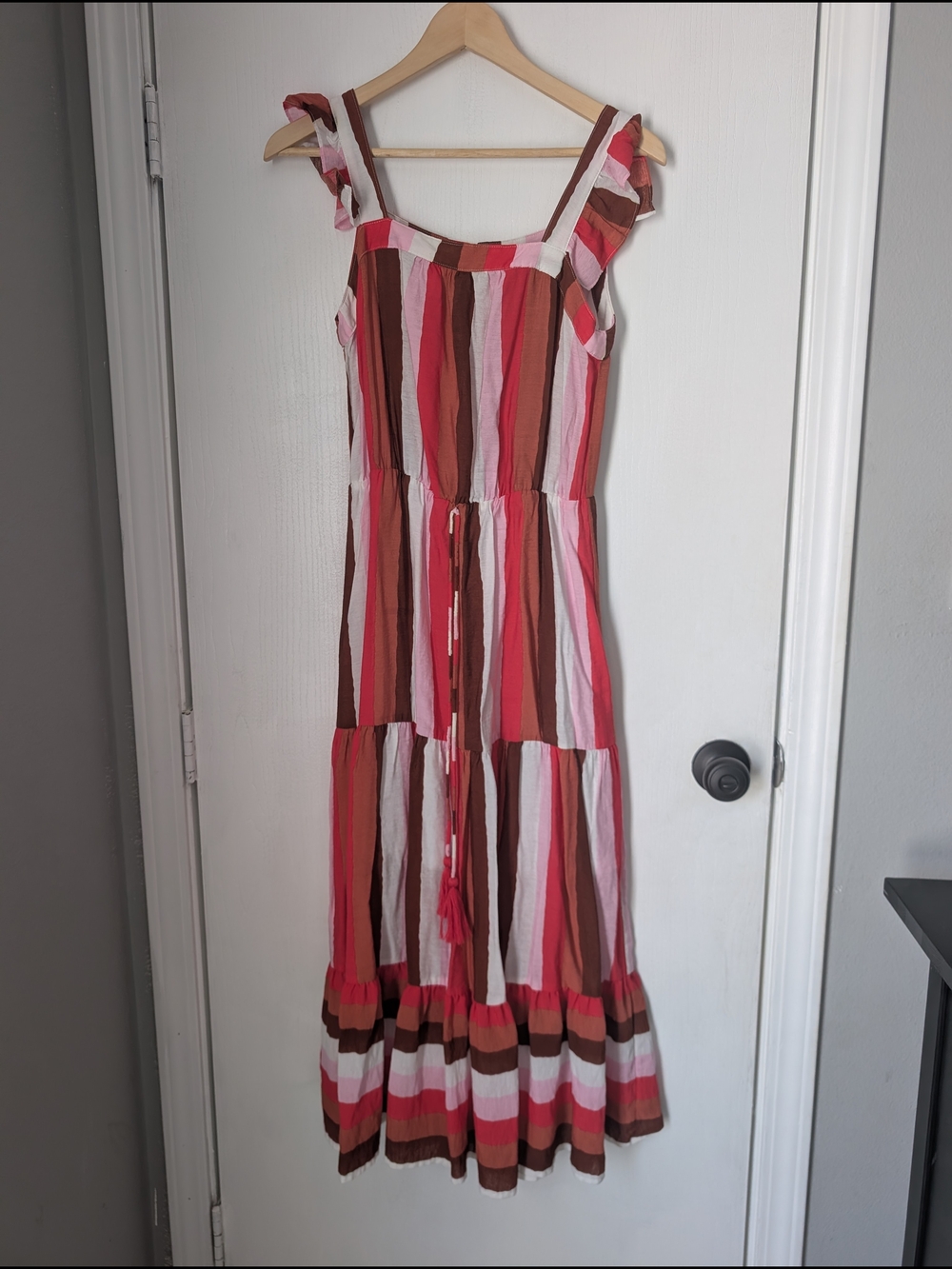 THML Pink, Brown & White Striped Tiered Maxi Dress